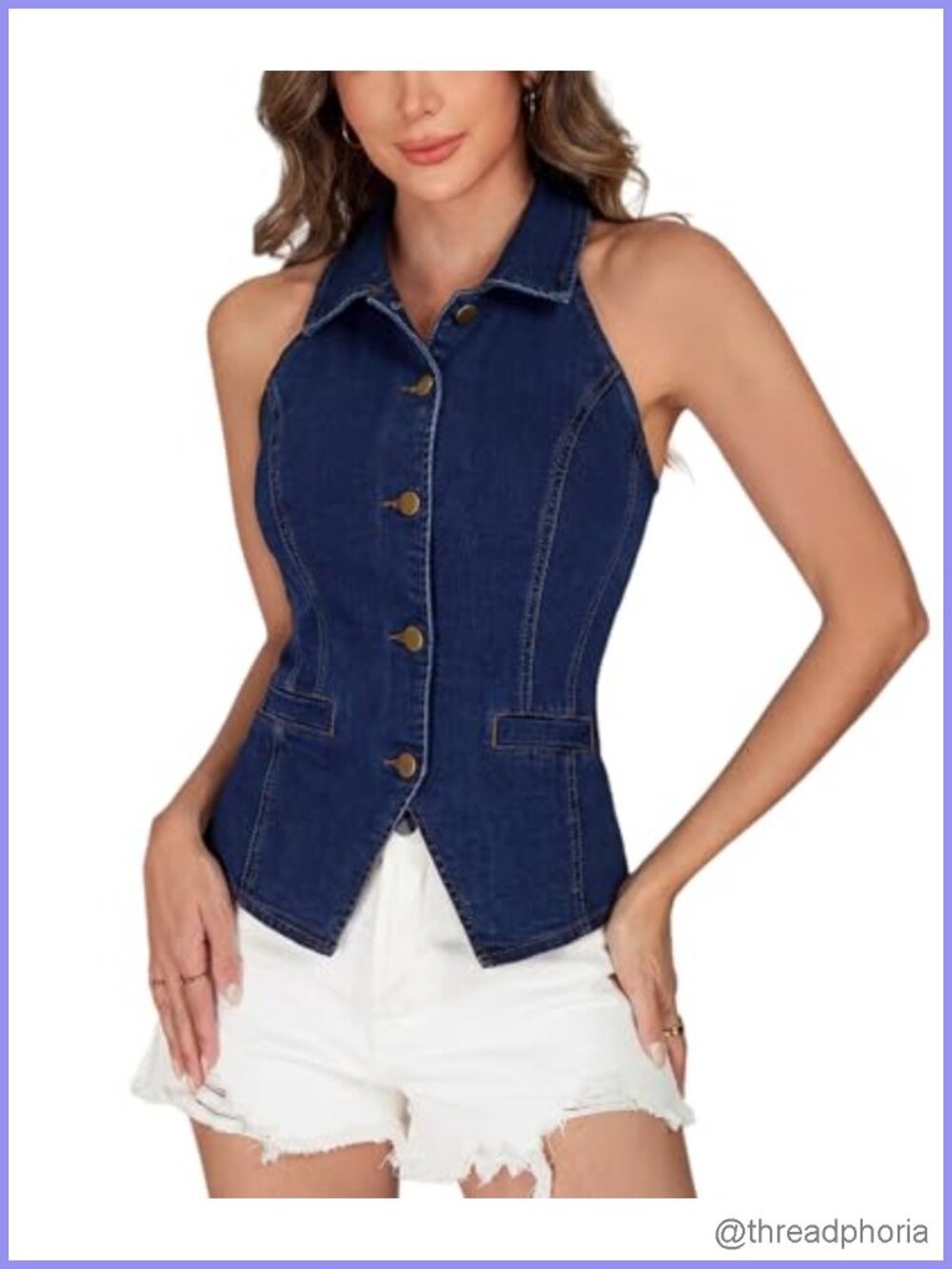 Women's Denim Halter Vest Top Jean Collared Button Down Sleeveless Blazer